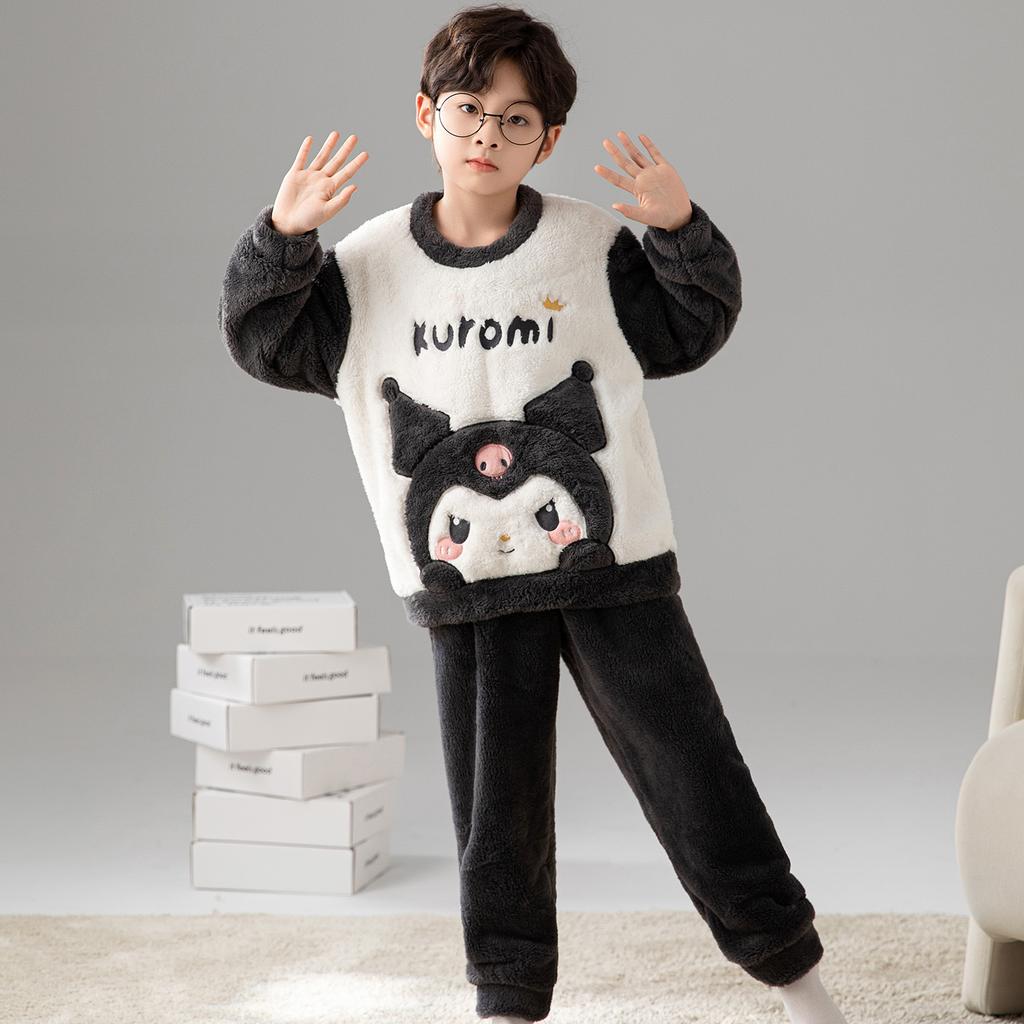 Kids Flannel Pajamas Set Boys Girls Warm Long Sleeve Top And Pants Sleepwear Winter Home Nightwear