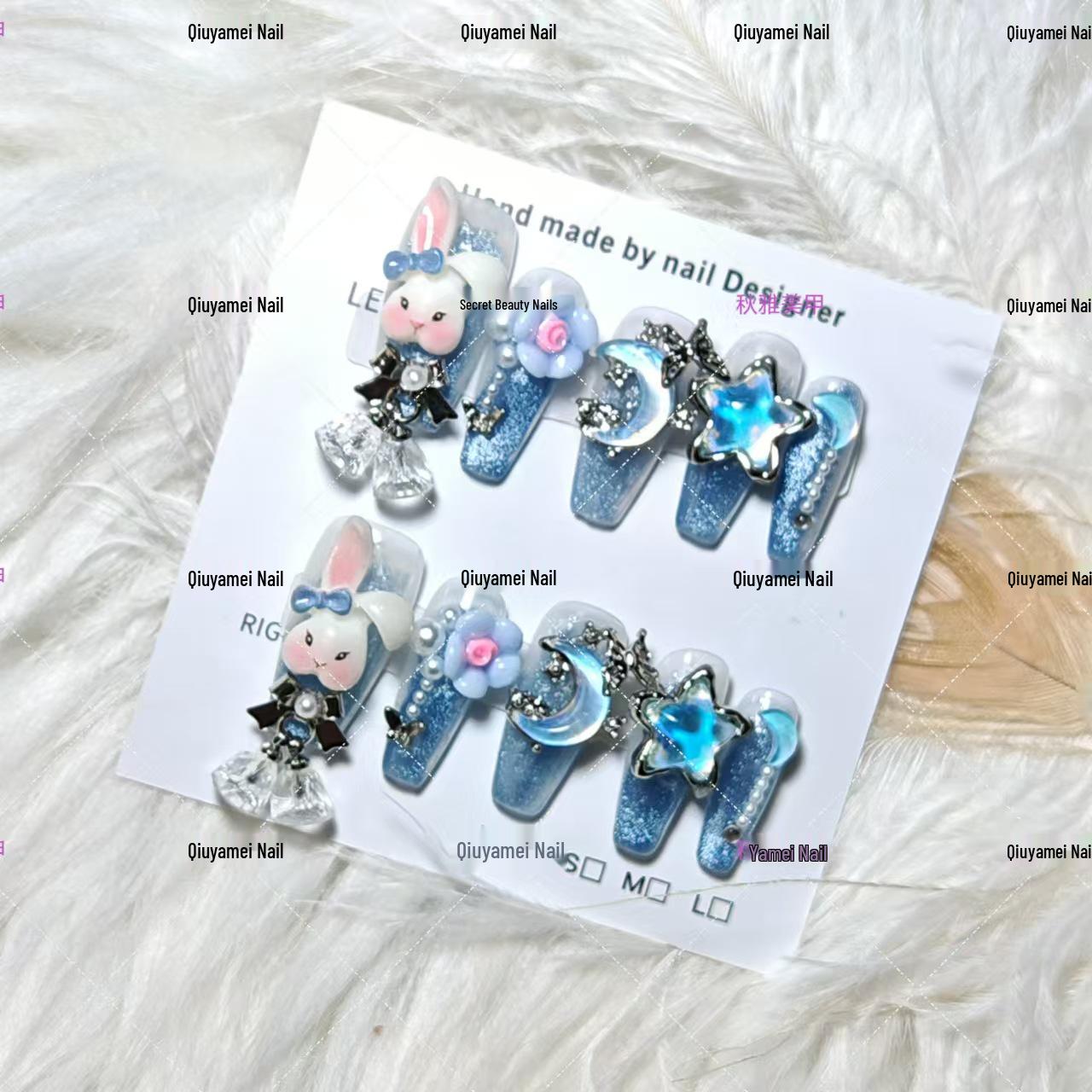 

Ручная работа Зайчик-вислоухий Милашка Голубые Накладные ногти Патчи для дизайна ногтей Extra Small