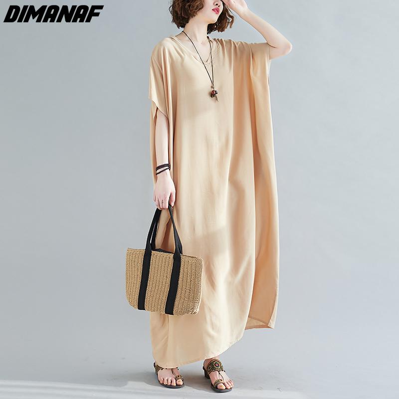 DIMANAF 2021 Plus Size Women Dress Bohemian Beach Korean Style Summer Sundress Solid Maxi Dress Loose Design Casual Long Dress