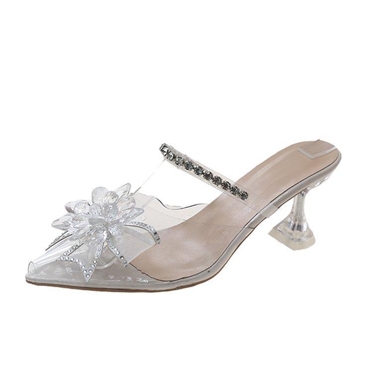 High heels fairy wind 2024 summer fashion outer wear pointed rhinestone square buckle transparent word with stiletto slippers
