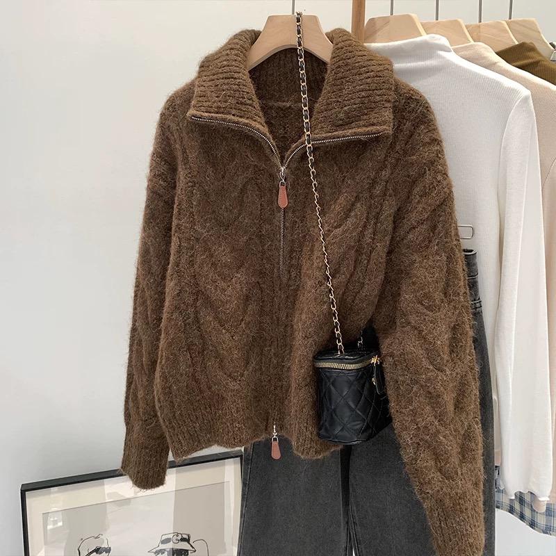 Solid Color Double Zipper Turn-down Collar Sweater Women Autumn Winter Loose Knitted Cardigan Women Top