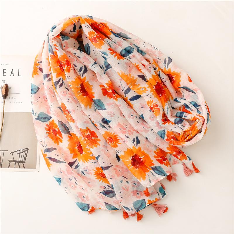 Fashion Luxury Women Viscose Scarf Ventilate Designer Shawl Cotton Linen Tassel Pashmina Muslim Hijab Wrap Floral
