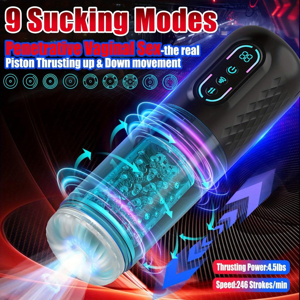 Male Automatic 9 Thrusting 9 Rotating 9 Sucking Blowjob Masturbator Cup 3D Textured Tunnel Sex Toys LCD Display Visual Window