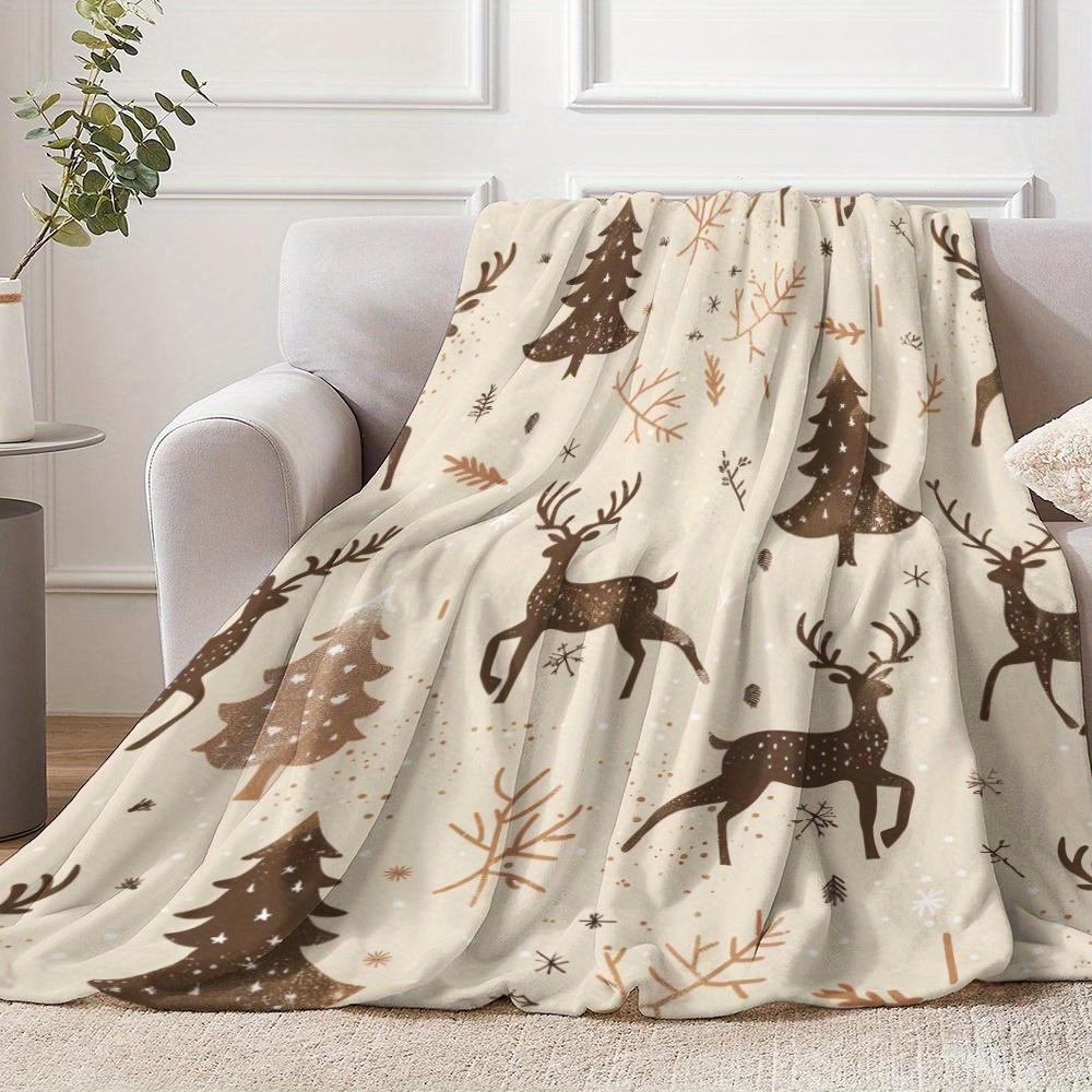 Christmas Vintage Reindeer Forest Flannel Blanket, Soft Warm Polyester Modern Style, All-Season for Napping Camping Traveling