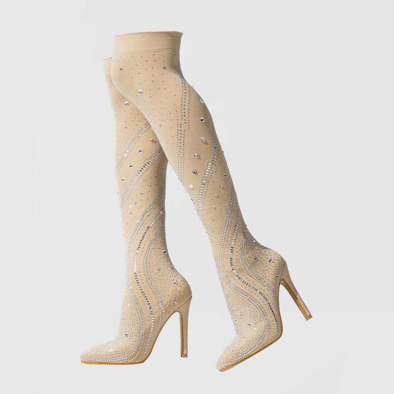 

Модные женские туфли на тонких каблуках с острым носком, эластичные носки, узор из страз, уличные красотки, сексуальная женская обувь 42