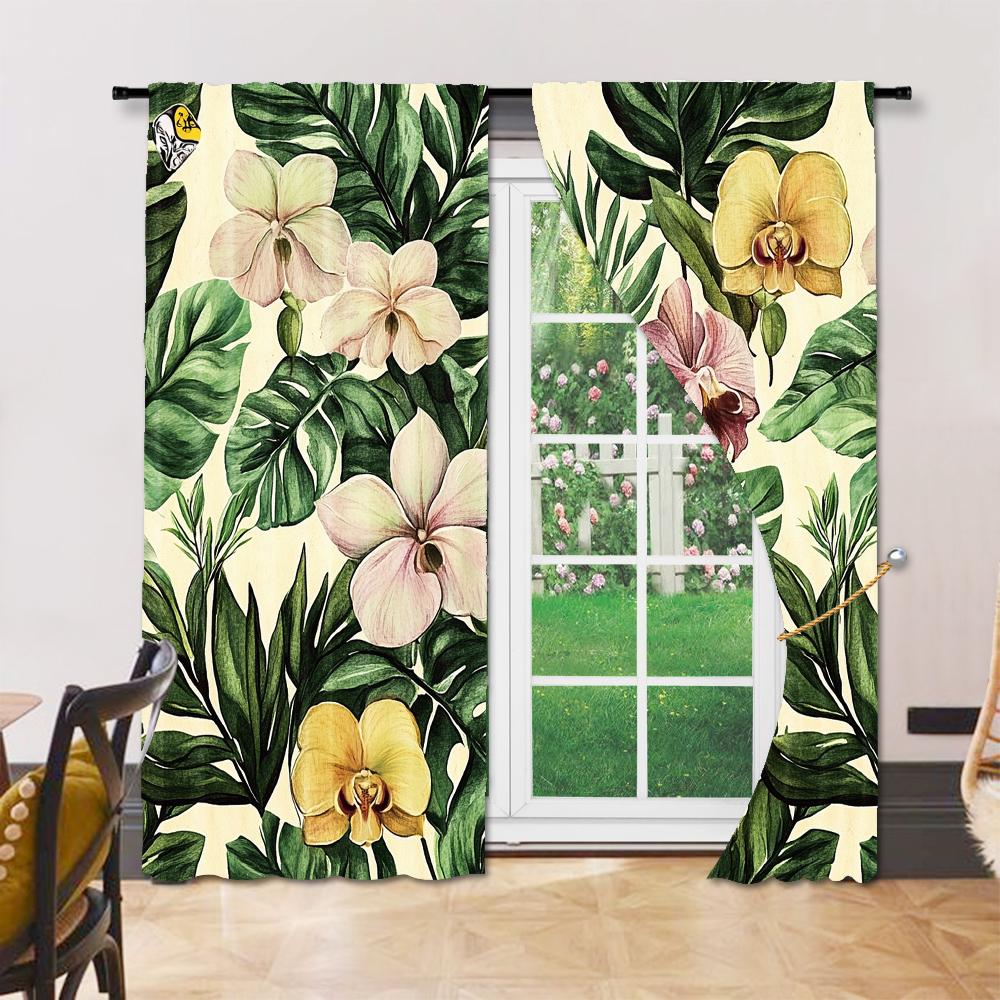 Set Of 2 Versatile Polyester Transparent Curtains Home Decoration Removable Green Leaf Use Bedrooms Living Rooms Curtain Ideal For Room
