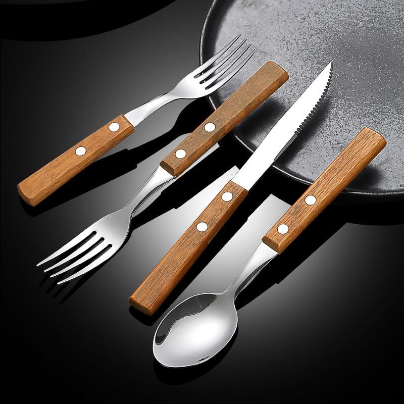 Wooden Handle Stainless Steel Tableware, Knife, Fork and Spoon Four-piece Set, Household Western Food Clip Handle, Steak Knife, Fork and Spoon