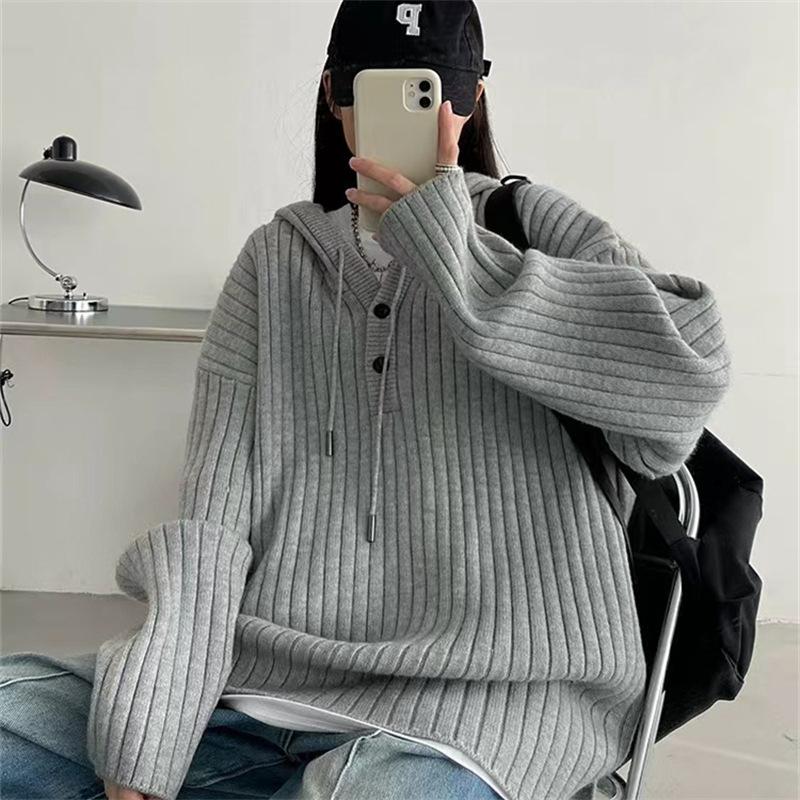 

Женская мода повседневная осень-зима полосатый принт длинный рукав с капюшоном свитера Size: One Size серый