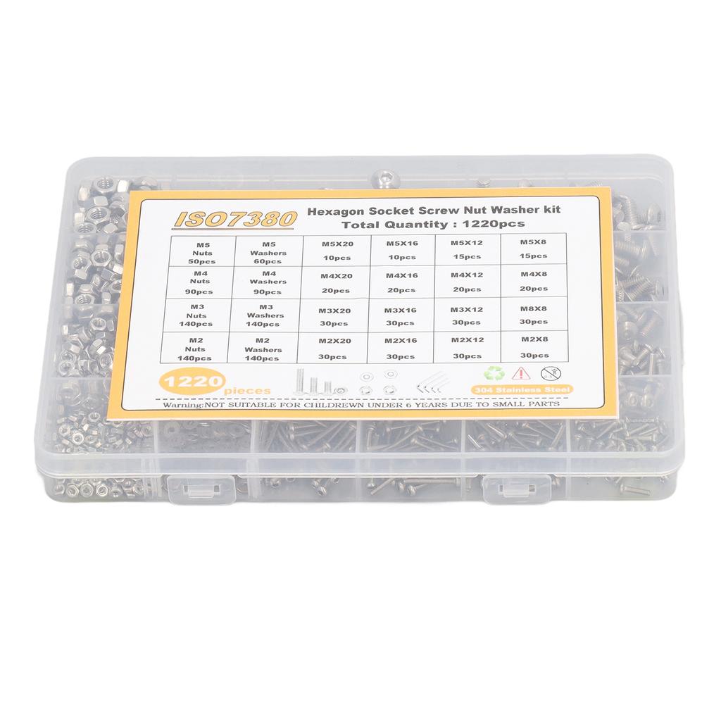 1220 Bucăți Kit Șuruburi cu Cap Hexagonal din Oțel Inoxidabil 304, Piulițe, Saibe, Rezistență Puternică la Uzură M2 M3 M4 M5