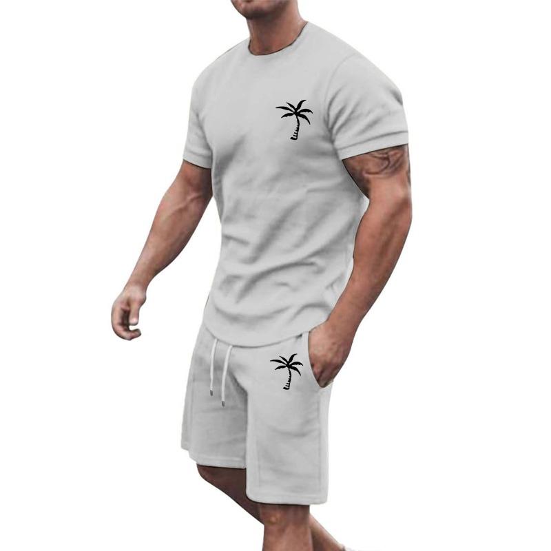 Mens Casual Palm Tree Print Short Sleeve T Shirt And Drawstring Shorts 2 Piece Set