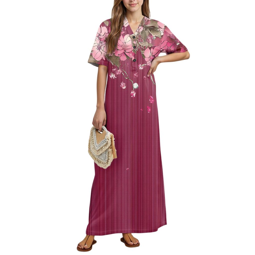 Women's Fashion Printed Nightgown Home Clothes Short Sleeve Nightgown With Pockets Long Dress