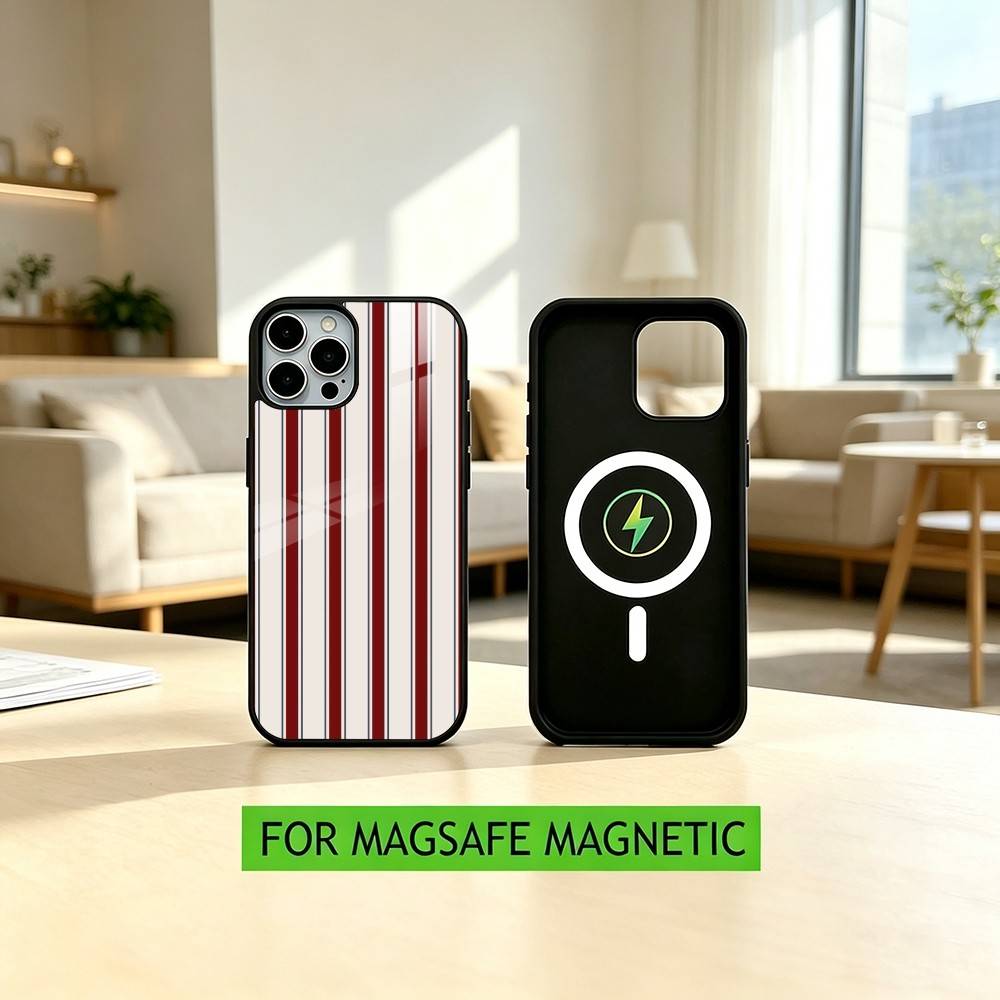 Burgundy White Stripe Pattern  Phone Case For iPhone17,16,15,14,13,12,11 Plus,Pro Magnetic with Magsafe Wireless Charging