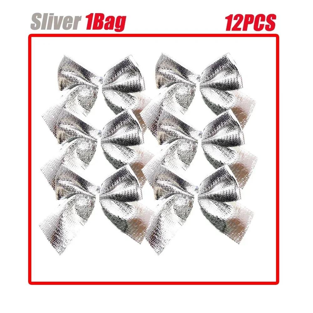 

New Red Gold Silver Christmas Bowknots Cloth Tree Decoration Pendants Festival Supplies Xmas Ornament Decor 1Bag