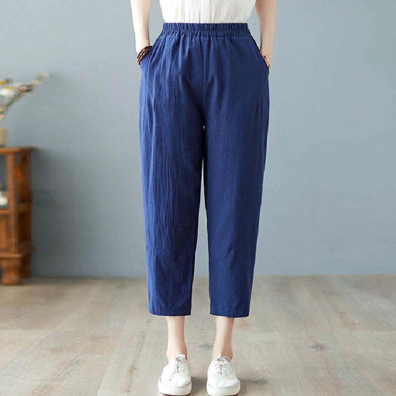 M-4XL Sommerhose mit elastischer Taille für Damen, lässig, einfarbig, Baumwolle und Leinen, knöchellang, Hose für Damen, hochwertige Baggy-Hose
