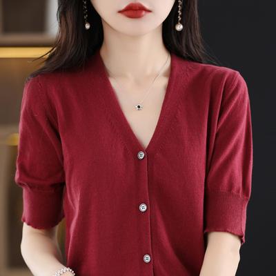V-Ausschnitt Kurzarm-Cardigan für Damen Im Sommer Neu Locker Dünn Baumwolle Halbarm Strickoberteil Halbarm-T-Shirt