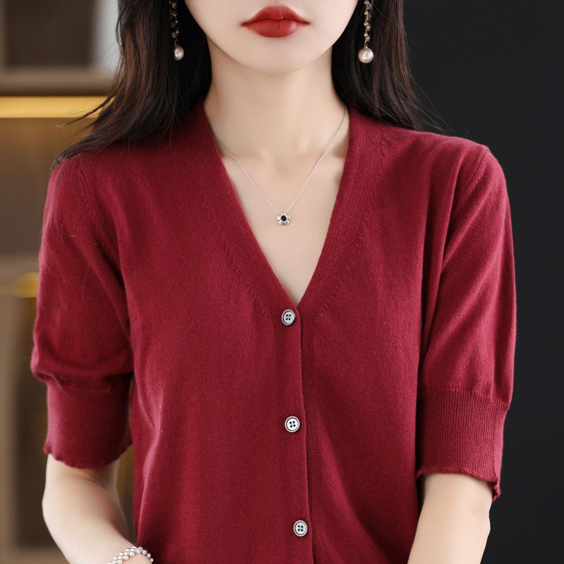 

V-neck Short-sleeved Cardigan for Women In Summer New Loose Thin Cotton Mid-sleeved Knitted Top Half-sleeved T-shirt S