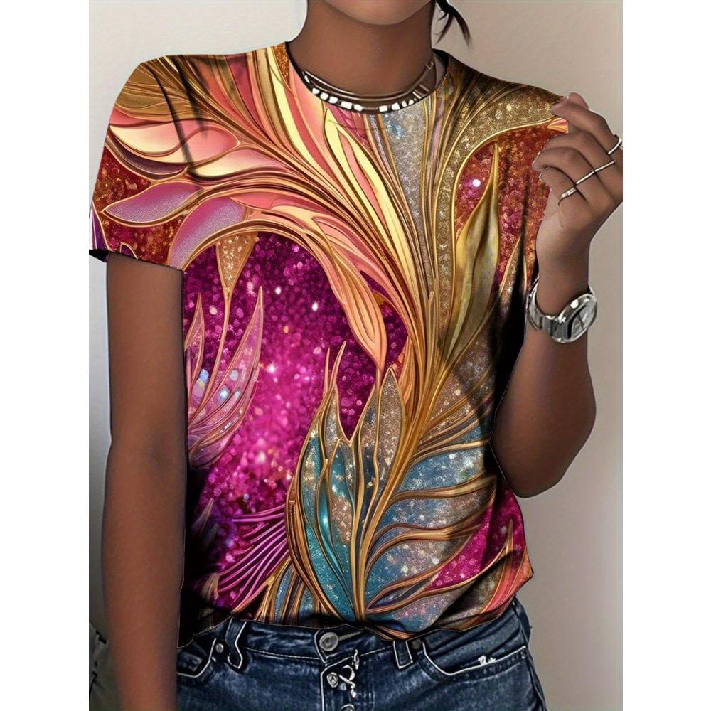 Luxurious shiny feather prints in gold, pink, and teal tones—luxurious and eye-catching, perfect for women M