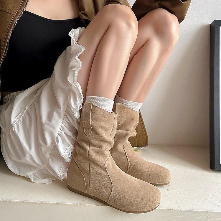 Spot second hair! Inner heightening retro pile boots women's new leather suede lazy western short boots fashion boots