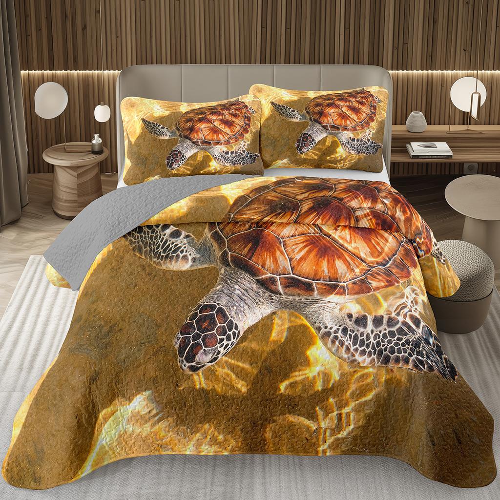 Sea Turtle Bedspread Queen Twin Underwater World Ocean Animal Coverlet Reptile Tortoise Print Quilted Bedding Set for Kids Adult