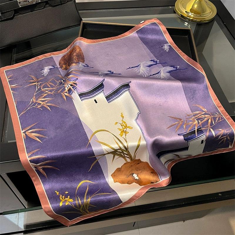 Natural Real Silk Scarf Women New Print Neck Hairband Square Shawl Neckerchief Female Hijab Poncho Bandana Headband
