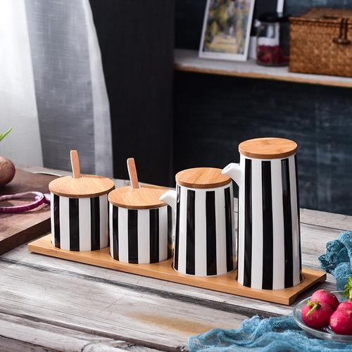 Nordic Black and White Stripes Ceramic Spice Jar Combination Set Salt Sugar Oil Soy Sauce Bottle Vinegar Pot Kitchen Supplies
