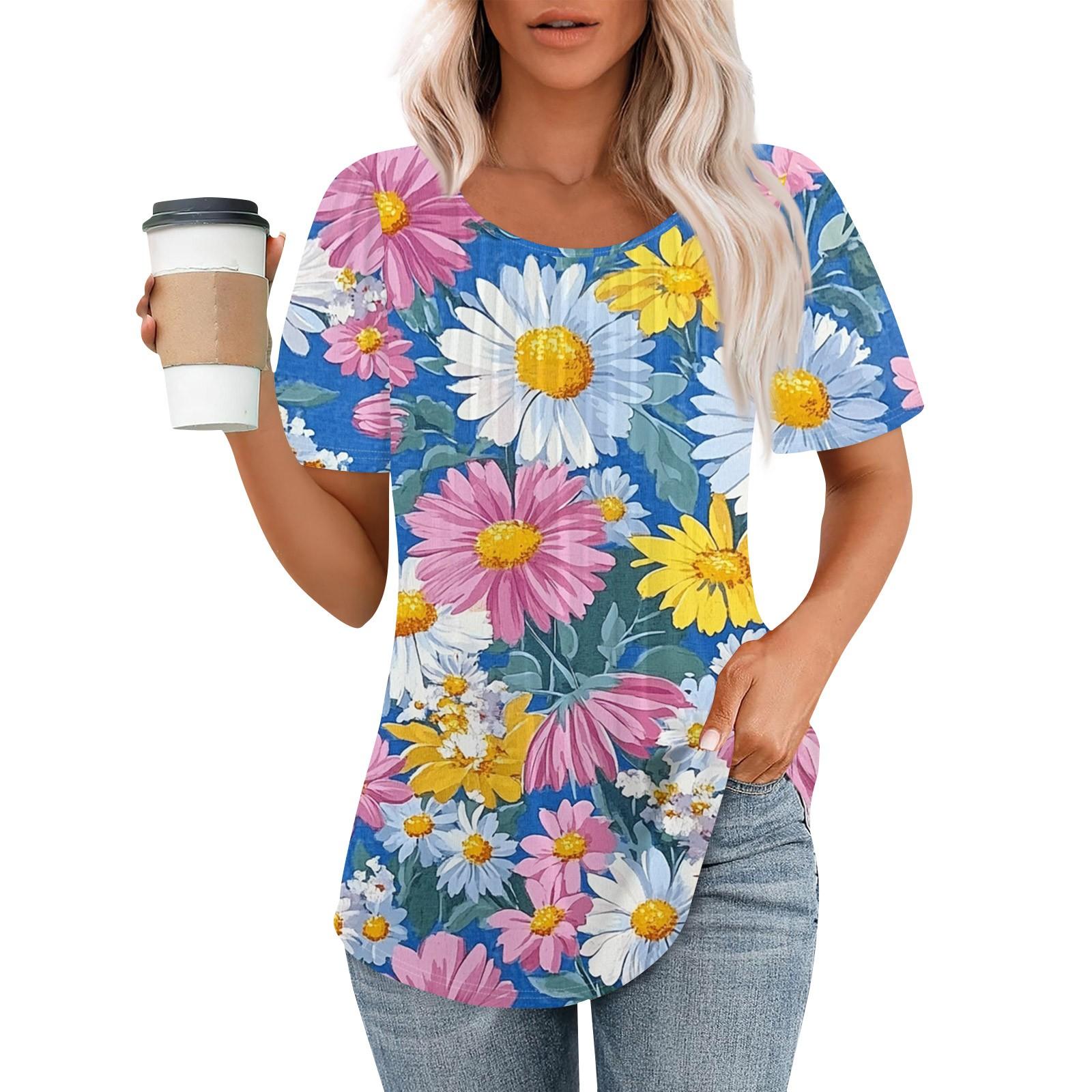 

Женская модная повседневная плиссированная футболка в полоску с круглым вырезом и цветочным принтом с короткими рукавами, топ XL арбуз красный