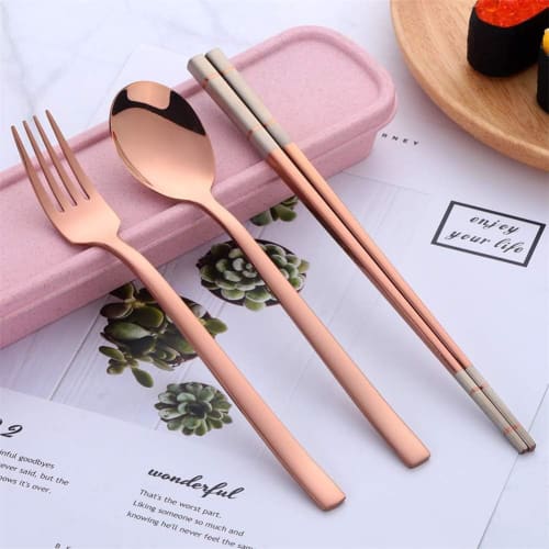 Stainless Steel Spoon, Fork, and Chopsticks Set for Lunchboxes, Hygienic, Durable, and Stylish, Includes a Wheat Container, Portable, and Available in