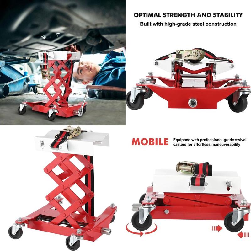 Compact 450 lbs Capacity Transmission Jack, Adjustable Height 7-23, 4-Wheel Auto Lifting Jack with Safety Straps