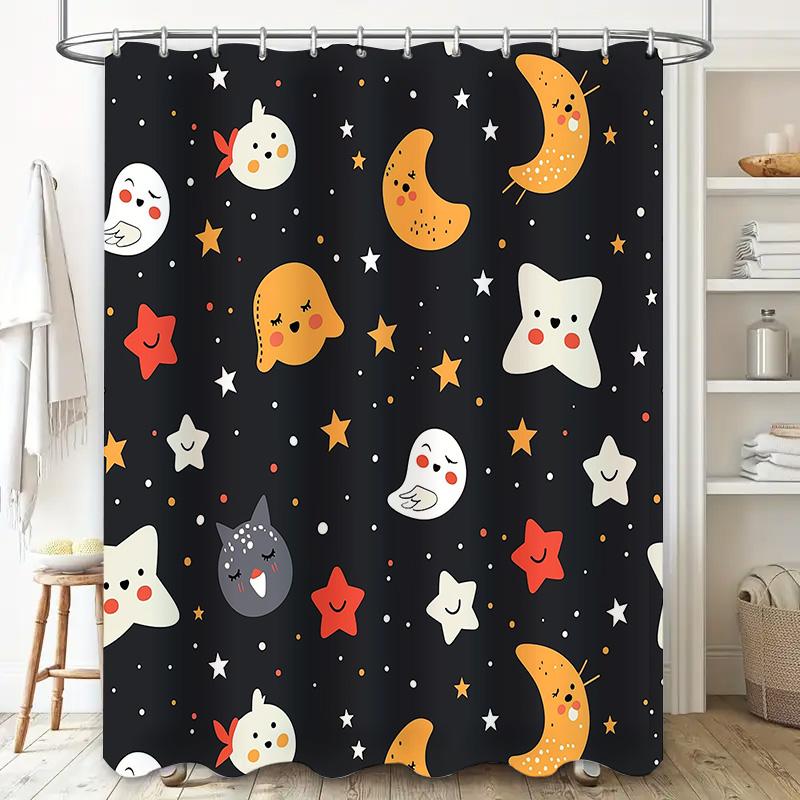 Charmful Night Sky Shower Curtain with Cartoon Characters Black Background Printed Fabric Waterproof Bathroom Decor for Kids Roo
