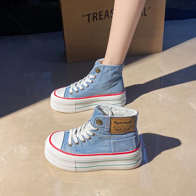 

2025 Autumn Women s High-top Thick-soled denim Canvas Shoes Breathable Platform sneakers Student All-match Chunky Casual Shoes 40 синій