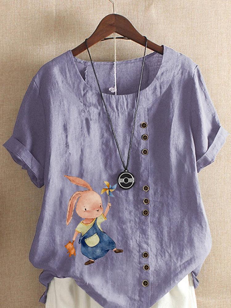 Women's Fashion Fashionable Rabbit Print Shot Sleeve T-shirt Loose Cotton Shirt Casual Loose Summer Blouse Tops Plus Size