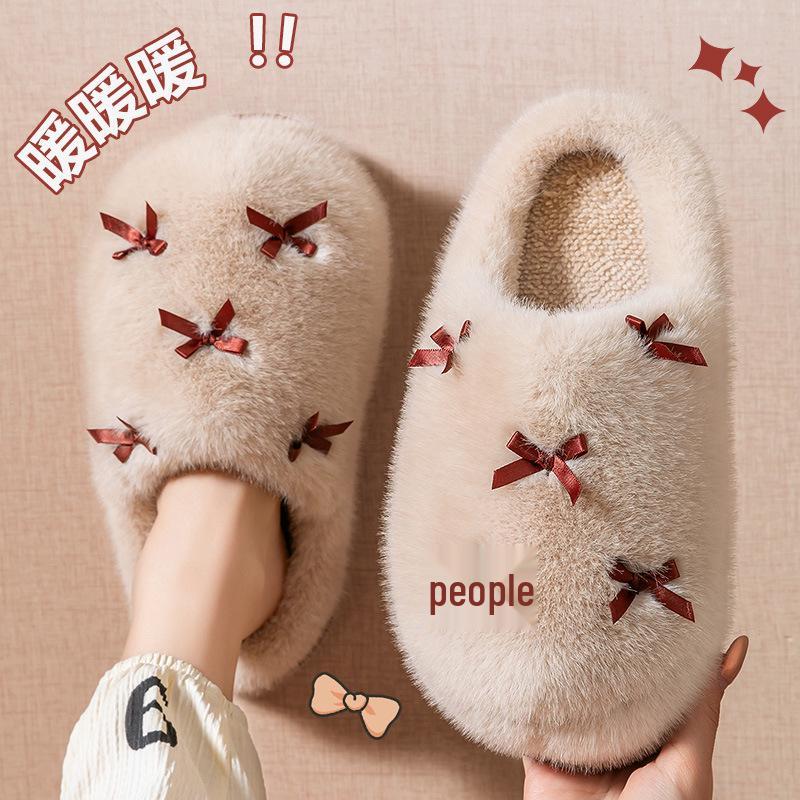Women's Bowknot Plush Cotton Slippers - Thick, Warm, Non-slip Indoor Footwear for Autumn/Winter 2025