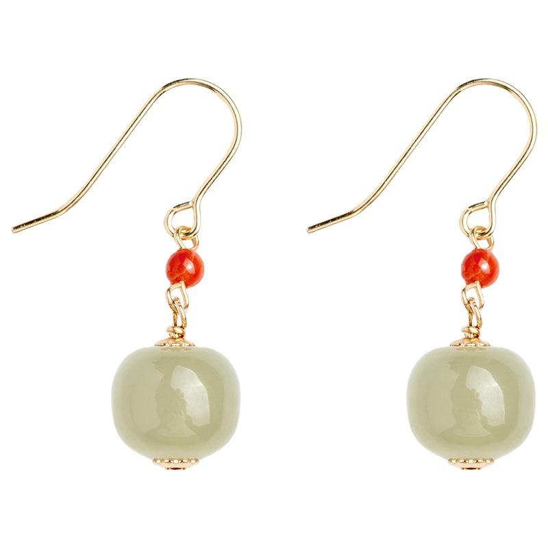 Naturalny Nefryt Hetiański Materiał Qingshui Kolczyki z Koralików w Starym Stylu Zielony Nefryt Pozłacane 14k Złotem z Agatem Południowym dla Kobiet, Świeże i Eleganckie