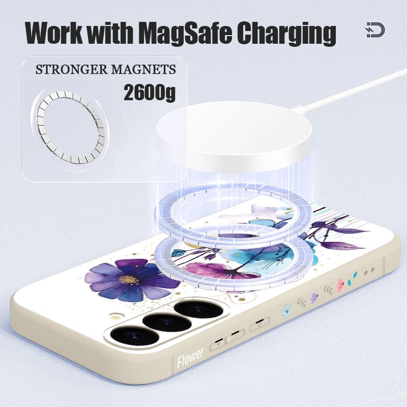 Watercolor Floral Pattern Case For Samsung Galaxy S26 S25 Ultra S24 S23 FE S22 Plus S21 Built-in Metal Plate Magnetic Silicone Cover