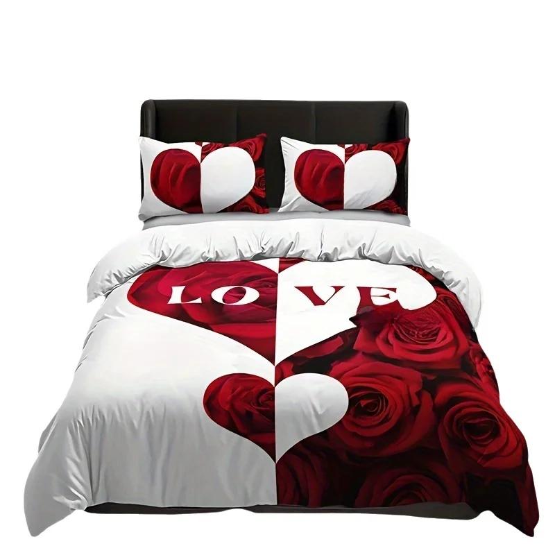 

Love Heart Bedding Sets New Romantic White and Red Duvet Covet Sets With Pillowcases No Filling For Couples EU Single135x200cm