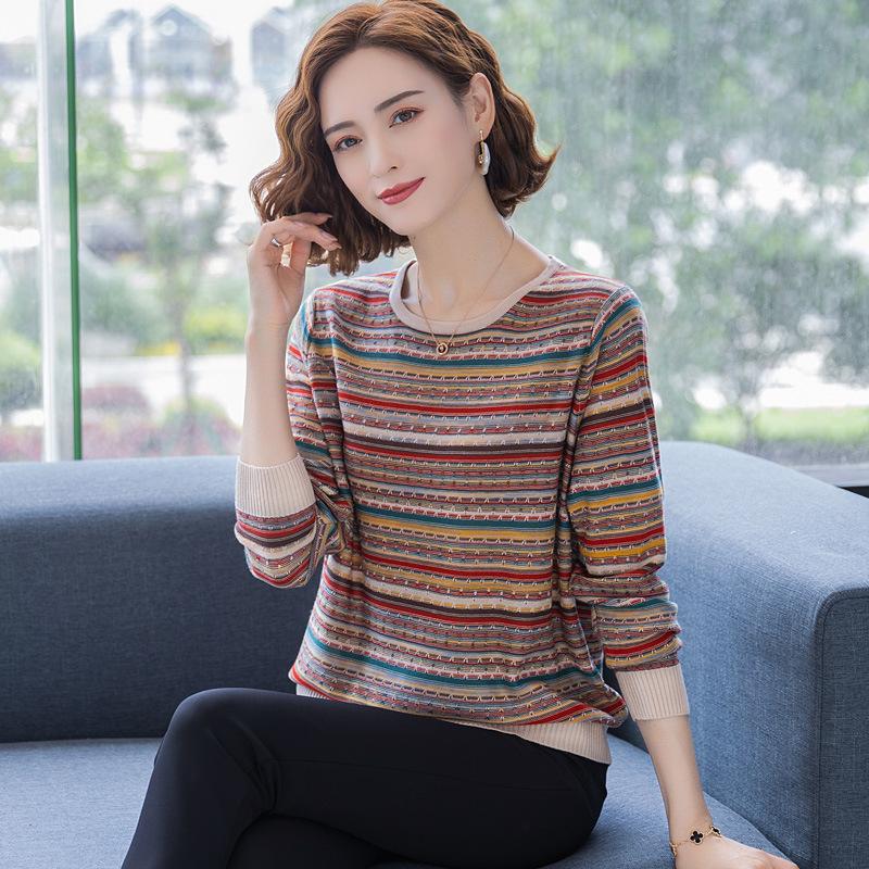 Middle Age Women Striped Knit Sweater Low Round Neck Pullover Casual Blouse