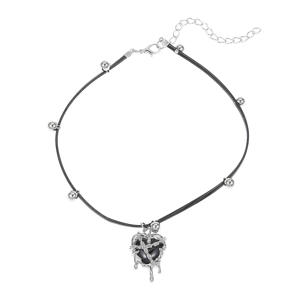 Punk Gothic Red Lava Star Cross Heart Pendant Leather Rope Necklace  Vintage Harajuku Grunge Heart Vortex Sun Charms Chain