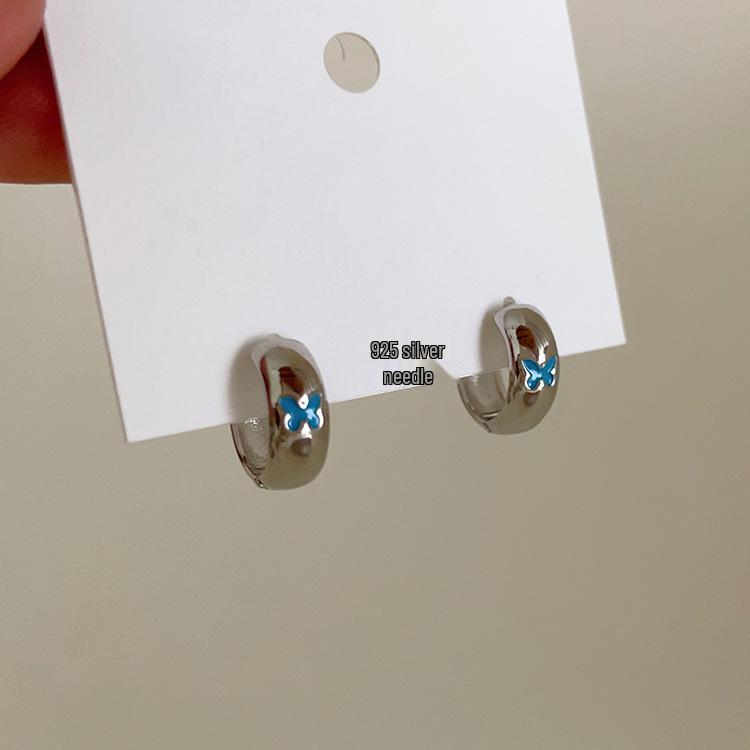 Butterfly Oil Drip Metal Hoop Earrings - Women's Retro Simple Studs with Unique Design 