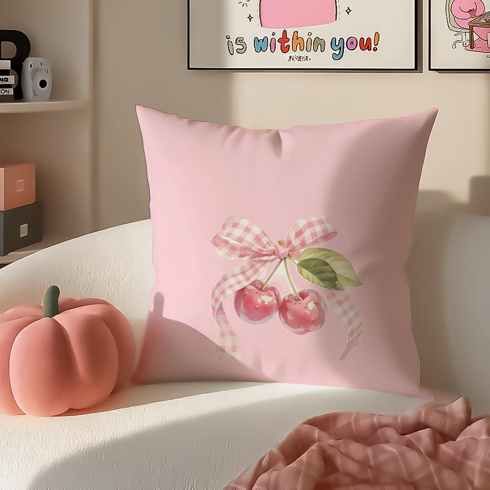 Sweet Girly Floral Art Pink Bow Cherry Pattern Cushion Cover Pillowcase Short Plush Invisible zipper Room Sofa Cushion Cover