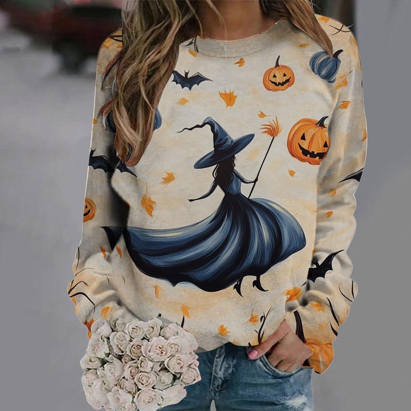 Women's Halloween Pullover Tops Ghost Pumpking Print Hoodless Sweatshirt Casual Long Sleeve Sweatshirt Y2K Streetwear for Women