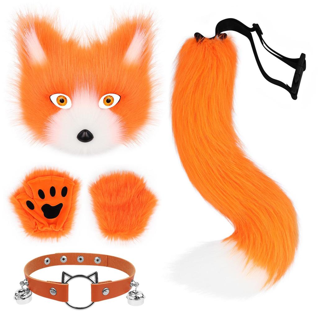 Halloween Fox Mask & Gloves with Plush Tail and Collar Set for Cosplay