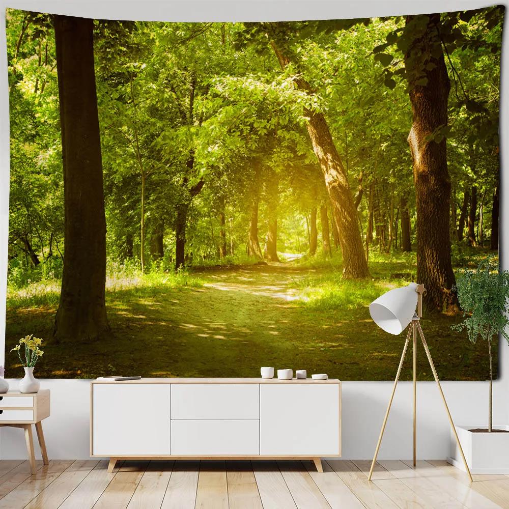 Sunshine Forest Tapestry Natural Landscape Wall Hanging Hippie Home Living Room Bedroom Background Cloth Poster Blanket