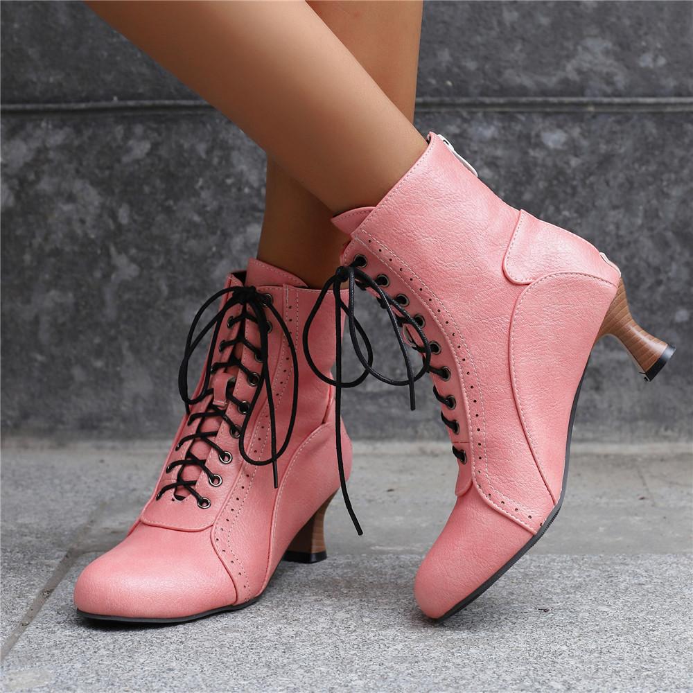 New Lace Up Ladies High Heel Shoes Strange Steampunk Boot Victorian Ankle Boots Women Pointed Toe Thick Soled Short Boots