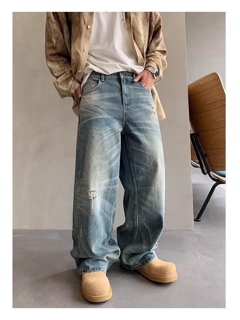 Men's Washed Distressed Wide-Leg Jeans - Retro American Street Style, Floor-Length, Perfect for Spring and Autumn