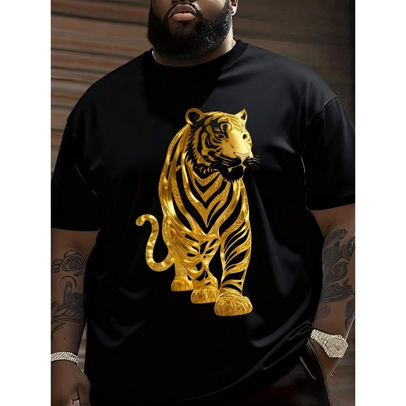 

European sizes Men S Black T-Shirt with Golden Tiger Face & Stripes Print - Relaxed Fit Round Neck Short Sleeve 4XL чорний