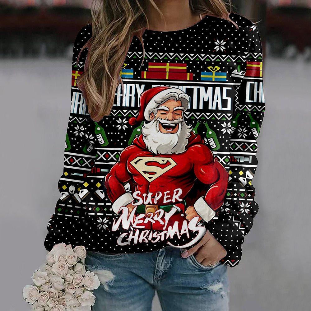 Herbst 3D Cartoon Weihnachtsmann Muster Bedruckte Sweatshirts Weihnachts-Cosplay-Kostüme Modische Lässige Sport Langarm Damen Sweatshirts