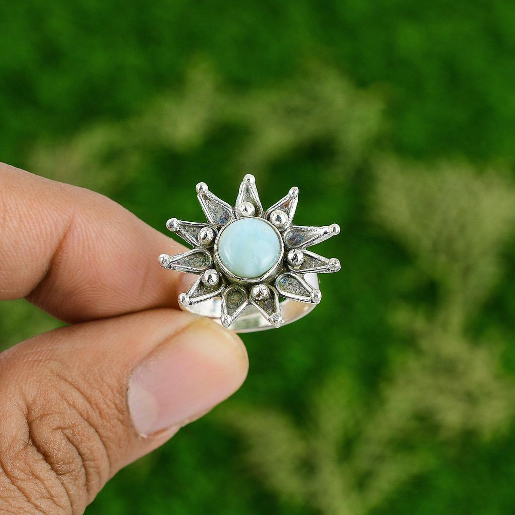 Natural Larimar Gemstone 925 Silver Multi Stone Flower Adjustable Ring For Women