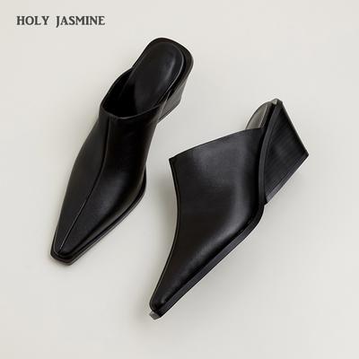 Brand New Ladies Genuine Leather Mules Fashion Med Chunky Heels Summer Wedges Slippers Women 2024 Casual Office Shoes Woman