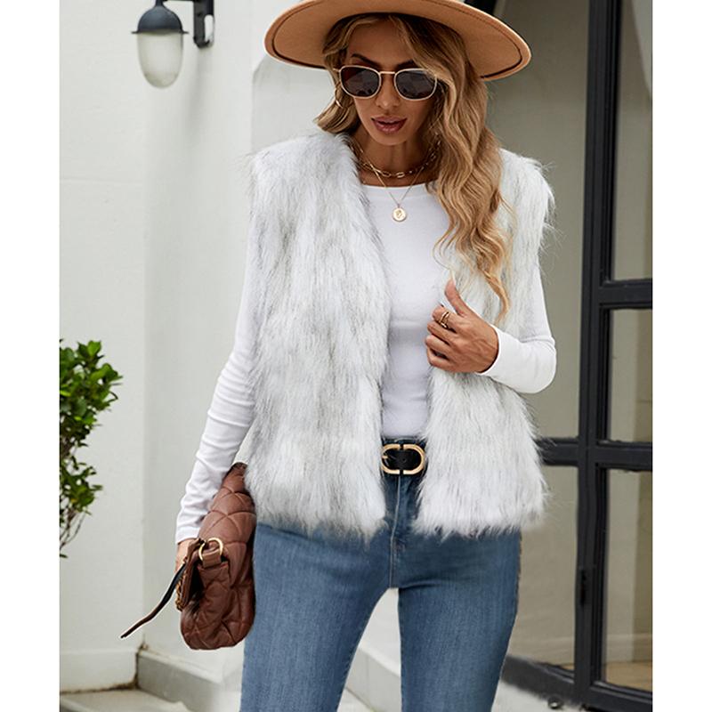 Autumn Winter Thick Faux Fur Short Vest Coat Woman Khaki Plush Warm Waistcoat Lady Sleeveless Fluffy Vest Jacket