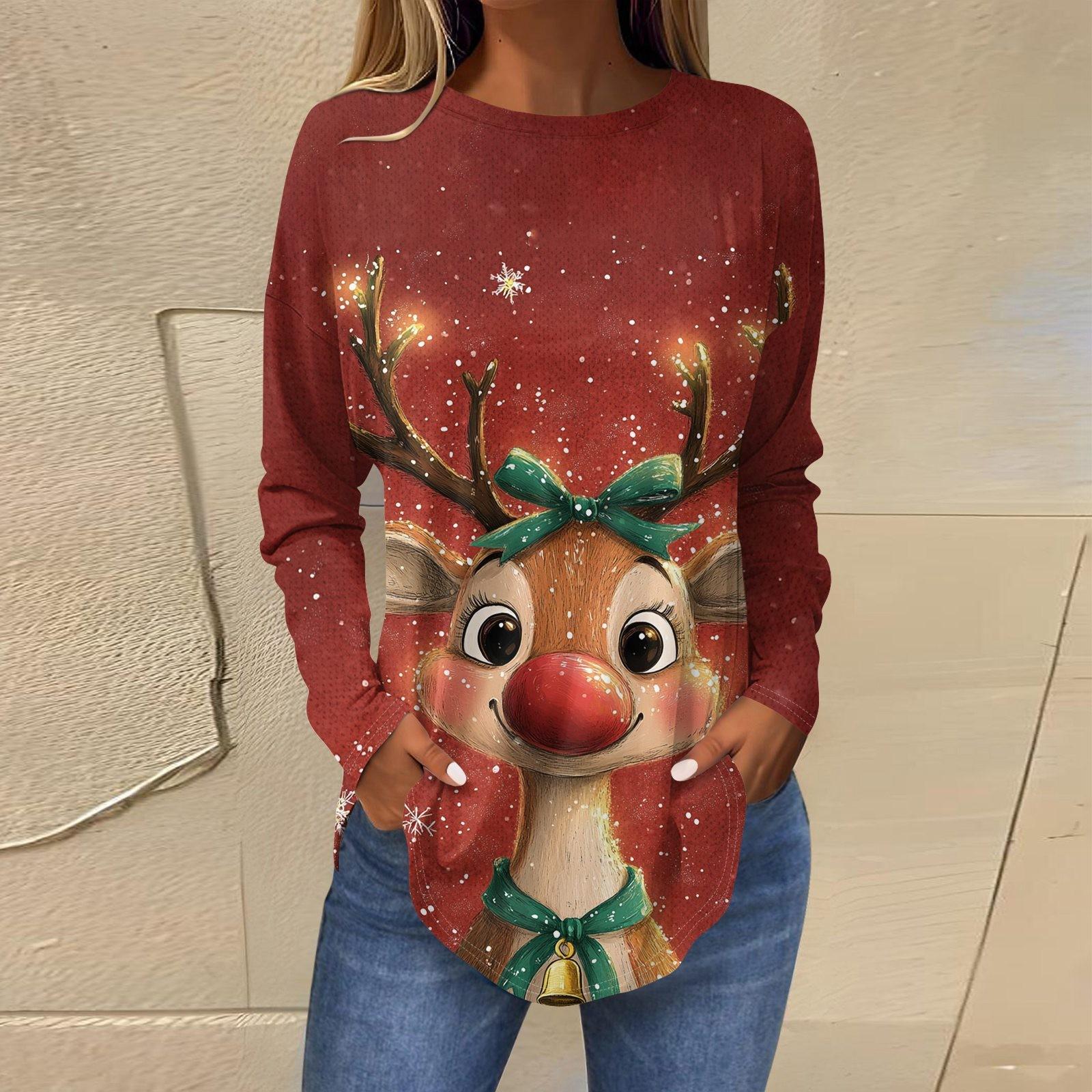 

Футболки для женщин, осенние повседневные рубашки с длинными рукавами, толстовка с ретро-принтом, топ для рождественской вечеринки, пуловер S